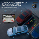 Interface USB-C de 9'' con CarPlay y Android Auto, pantalla táctil, cámara frontal y trasera para grabación.