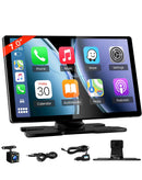 Interface USB-C de 9'' con CarPlay y Android Auto, pantalla táctil, cámara frontal y trasera para grabación.