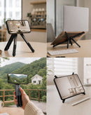 Soporte portátil multifuncional gris para laptop y teléfono SlowBack, diseño ergonómico y plegable.