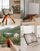 Soporte portátil naranja SlowBack para laptop y teléfono, plegable y ajustable, con garantía.