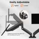 Soporte doble TESA negro, ajustable para monitores de 13"-32", con brazos articulados y base estable.