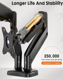 Soporte doble TESA negro, ajustable para monitores de 13"-32", con brazos articulados y base estable.