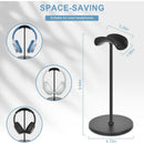 Soporte negro minimalista para auriculares over-ear, ideal para mantener el escritorio organizado y los audífonos seguros.
