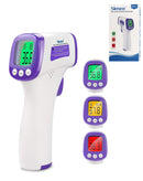 Termómetro infrarrojo blanco sin contacto, con pantalla LCD para una medición de temperatura rápida y precisa.