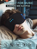 Mascarilla de dormir negra con altavoz inalámbrico recargable, ideal para relajación y audio.