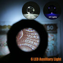 Lupa recargable 30X negra con luz LED brillante, ideal para lectura y trabajos detallados.