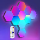 Paquete de 6 luces de pared LED hexagonales modernas con control táctil, formando un patrón geométrico.