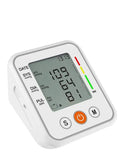 Monitor de presión arterial digital SlowBack en blanco y gris, con pantalla LCD, brazalete ajustable y botones grandes.