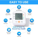 Monitor de presión arterial digital SlowBack en blanco y gris, con pantalla LCD, brazalete ajustable y botones grandes.