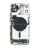 Marco trasero blanco original para iPhone 13 Pro Max con puerto de carga flex y pequeñas piezas.