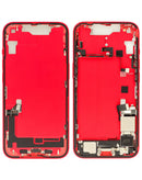 Tapa trasera original roja para iPhone 14 con puerto de carga flex y piezas pequeñas para reparación.