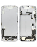 Tapa trasera blanca Starlight para iPhone 14 con puerto de carga flex y pequeñas piezas de reparación.
