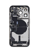 Tapa trasera Space Black para iPhone 14 Pro con puerto de carga y pequeñas piezas de repuesto.