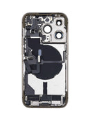Tapa trasera dorada OEM iPhone 14 Pro con puerto de carga, cable flex y pequeñas piezas de repuesto.