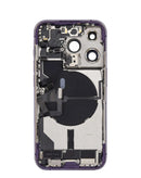 Tapa trasera morado profundo iPhone 14 Pro con puerto de carga flex y pequeñas piezas de repuesto.
