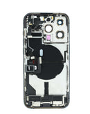 Estructura trasera negra para iPhone 14 Pro con flex de puerto de carga y piezas pequeñas.