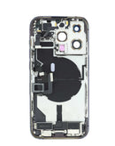 Tapa trasera morada iPhone 14 Pro con puerto de carga, botones y piezas pequeñas para reparación.