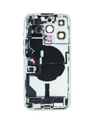Tapa trasera plateada original para iPhone 14 Pro con puerto de carga, cable flex y piezas pequeñas.