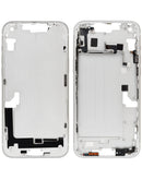 Tapa trasera original iPhone 14 Plus Starlight con piezas pequeñas preinstaladas para reparación de teléfono.