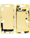 Tapa trasera amarilla para iPhone 14 Plus con piezas pequeñas preinstaladas, lista para instalar.
