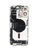 Tapa trasera plateada para iPhone 14 Pro Max con puerto de carga, cable flex y pequeñas piezas de reparación.