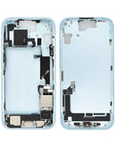 Tapa trasera original azul iPhone 15 con puerto de carga flex y pequeñas piezas, para reparación.