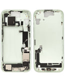 Tapa trasera original verde para iPhone 15 con puerto de carga flex y pequeñas piezas de repuesto.