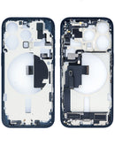 Tapa trasera azul titanio OEM para iPhone 15 Pro, con puerto de carga y componentes pequeños.