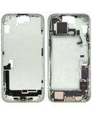 Tapa trasera verde original para iPhone 15 Plus con puerto de carga flex.
