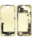 Tapa trasera amarilla con flex de puerto de carga y piezas pequeñas para iPhone 15 Plus.