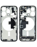 Tapa trasera OEM iPhone 15 Plus Blanco Titanium, puerto de carga flex y piezas pequeñas de repuesto.
