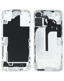 Tapa trasera original blanca para iPhone 16 Plus con piezas pequeñas preinstaladas, ideal para reparación.
