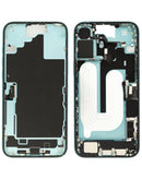 Tapa trasera iPhone 16 Plus color teal con puerto de carga y piezas pequeñas para reparación.