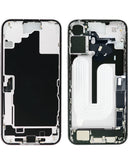 Tapa trasera blanca para iPhone 16 Plus con puerto de carga y piezas pequeñas, ideal para reparación.