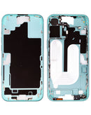 Tapa trasera teal para iPhone 16 Plus con piezas pequeñas preinstaladas, ideal para reparación.