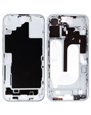 Tapa trasera original blanca para iPhone 16 Plus con piezas pequeñas preinstaladas, ideal para reparación.