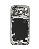 Tapa trasera plateada con componentes preinstalados para iPhone 17 Pro, lista para reparación.