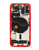 Estructura trasera OEM roja para iPhone 12 con puerto de carga y pequeñas partes.