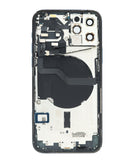 Tapa trasera iPhone 12 Pro Pacific Blue con componentes pequeños preinstalados, lista para reemplazar.