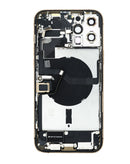 Tapa trasera dorada con puerto de carga flexible para iPhone 12 Pro Max, ideal para reparación.