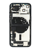 Tapa trasera iPhone 13 Midnight con puerto de carga flex y pequeñas piezas, ideal para reparación.