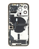 Tapa trasera dorada para iPhone 13 Pro con puerto de carga y piezas pequeñas para reparación.