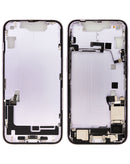 Tapa trasera morada para iPhone 14 con puerto de carga flex y piezas pequeñas de repuesto.