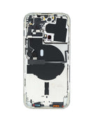 Tapa trasera plateada iPhone 14 Pro OEM con piezas pequeñas preinstaladas para reparación, acabado brillante.