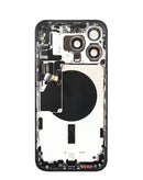 Tapa trasera iPhone 15 Pro Max titanio negro con componentes pequeños preinstalados, lista para instalar.