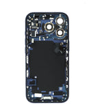 Tapa trasera Deep Blue para iPhone 17 Pro con componentes pequeños preinstalados, ideal para reparación de pantalla.
