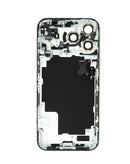 Tapa trasera plateada para iPhone 17 Pro Max, con componentes pequeños preinstalados para fácil reparación.