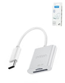 Lector de tarjetas Onten USB-C 2.0 para SD/microSD/TF, compacto y plateado.