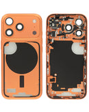 Marco medio Cosmic Orange para iPhone 17 Pro con piezas pequeñas, ideal para reparación y accesorios.