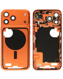 Marco medio Cosmic Orange para iPhone 17 Pro Max con piezas pequeñas, ideal para reparación.